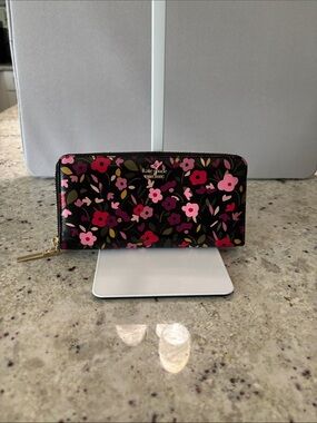 kate spade Black Floral Zip-Around Wallet with Pink and Red Blooms